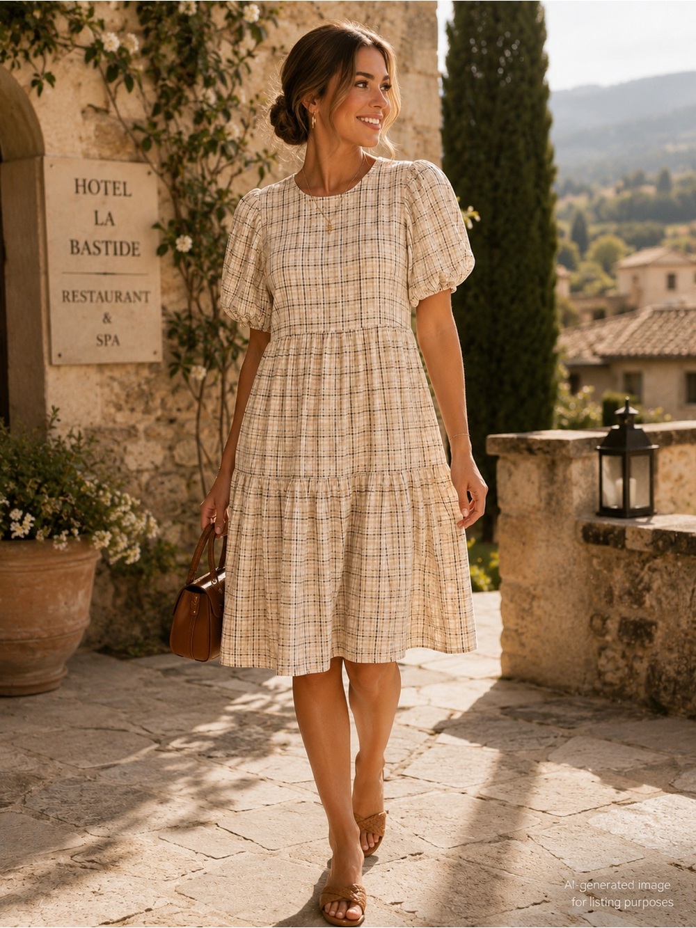 English Factory Plaid Puff Sleeve Tiered Midi Dress Small Neutral Cottagecore